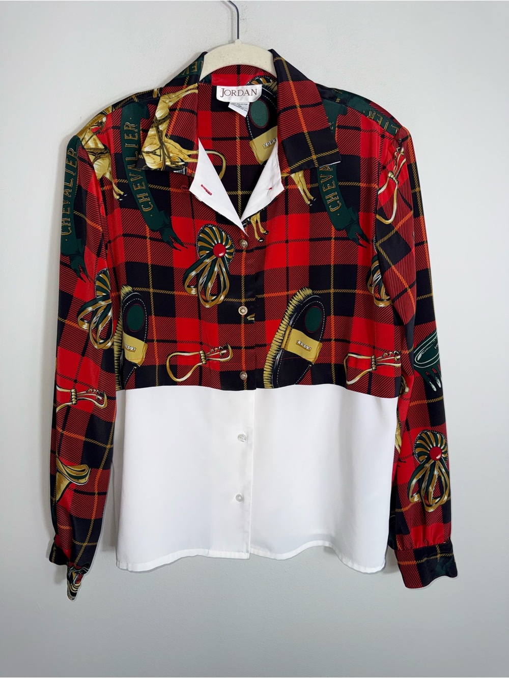 Vintage Jordan Button Front Blouse-Red Black Equestrian Theme-Size 10